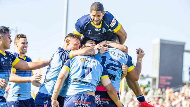 Leivaha Pulu scores in the Intrust Super Cup Grand Final between Wynnum Manly Seagulls and Norths Devils at Redcliffe Dolphins, Sunday, October 10, 2021 - Picture: Richard Walker