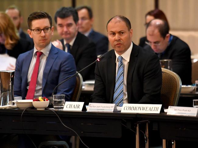 Minister for Energy Josh Frydenberg with state and territory energy ministers during a COAG meeting to discuss the National Energy Guarantee (NEG) at the Shangri La Hotel in Sydney, Friday, August 10, 2018. (AAP Image/Mick Tsikas) NO ARCHIVING