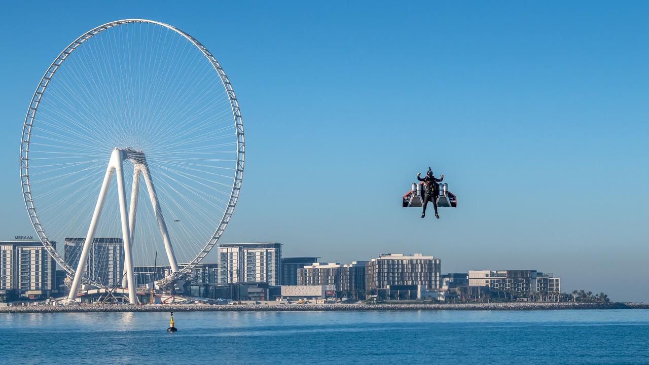 Vince ‘Jetman’ Reffet performed a vertical takeoff and a number of acrobatic stunts during the test. Picture: EXPO 2020/AFP