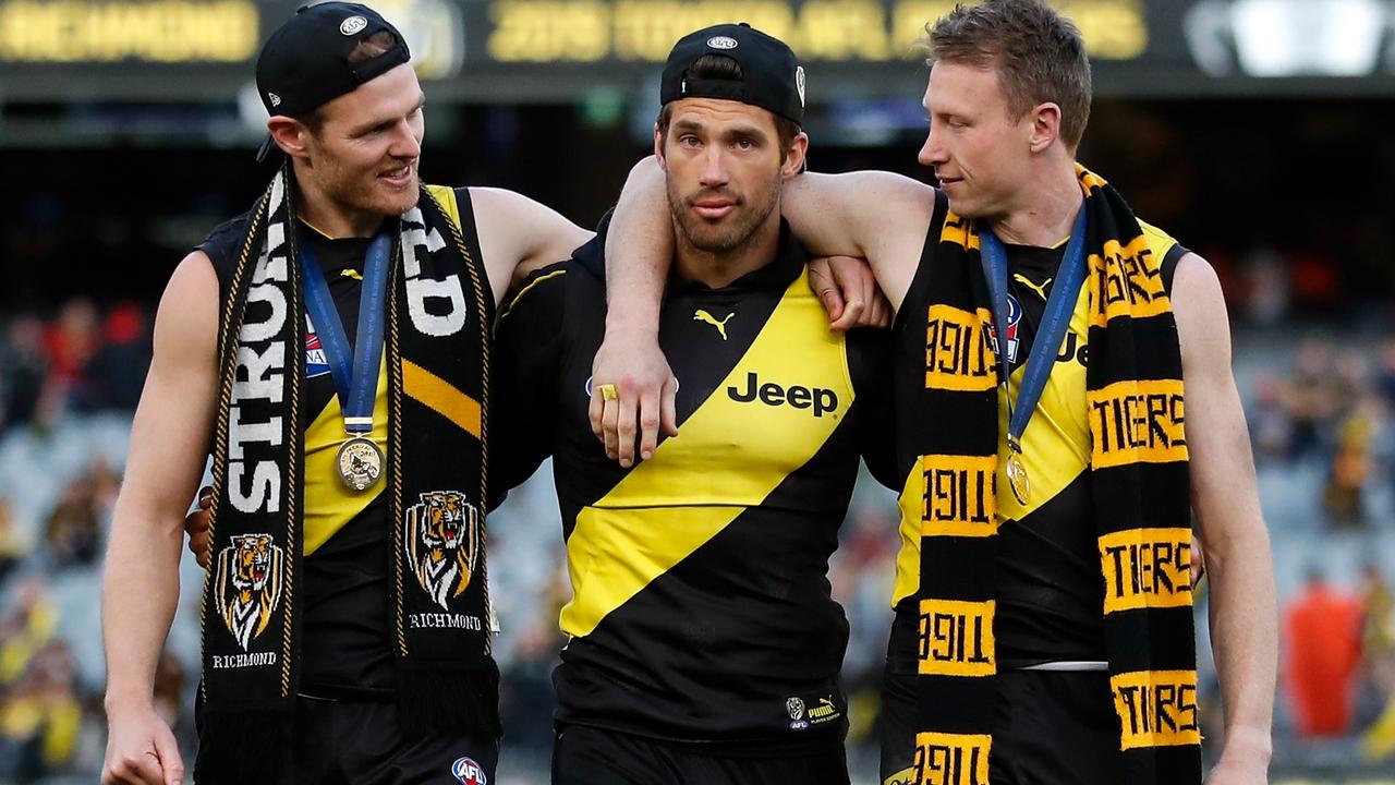 Alex Rance (middle) with his Tiger teammates at the 2019 Grand Final. Picture: Getty Images