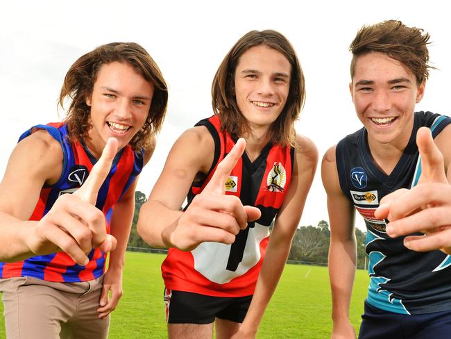 Junior stars, from left to right: Luke Davies-Uniake (Rye JFC), Hunter Clark (Mt Martha JFC) and Aaron Darling (Balnarring JFC) after their selection in the Victorian SSV U15 football team in 2014.