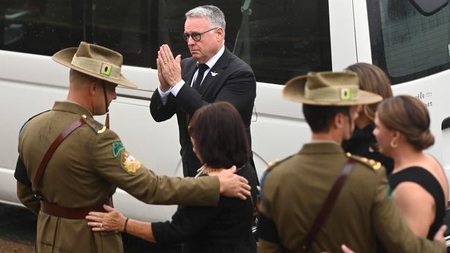 Former defence minister Joel Fitzgibbon arrives at St Joseph’s Catholic Church in Cessnock with his family for the funeral of his son. Picture: NCA NewsWire / Jeremy Piper