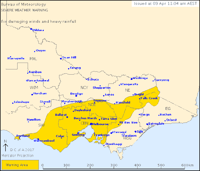 The area the Bureau of Meteorology has warned will be hit by damaging winds and heavy rain late on Sunday. Source: Twitter