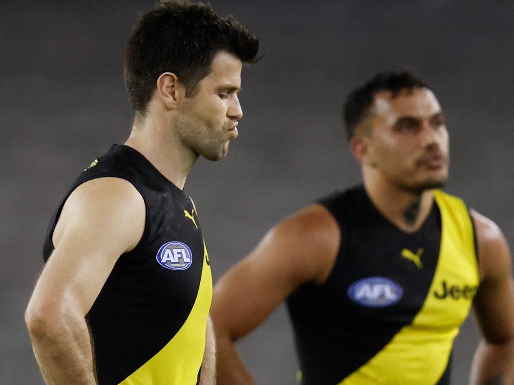 Sydney Stack and Trent Cotchin after the Giants ended their season early.