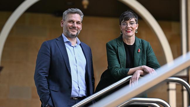 Queensland Greens MPs Michael Berkman and Amy MacMahon at Parliament House, Brisbane. The Greens could hold the balance of power after the state election on October 26. Picture: Lyndon Mechielsen/The Australian