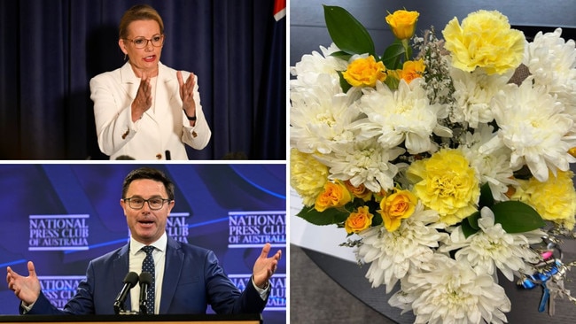 Clockwise from below left: Nationals leader David Littleproud, Opposition Leader Sussan Ley and the mystery bunch of flowers.
