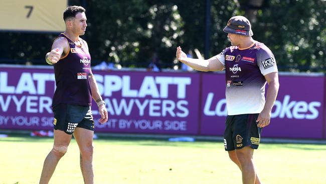 Broncos coach Anthony Seibold and Darius Boyd at Brisbane training.