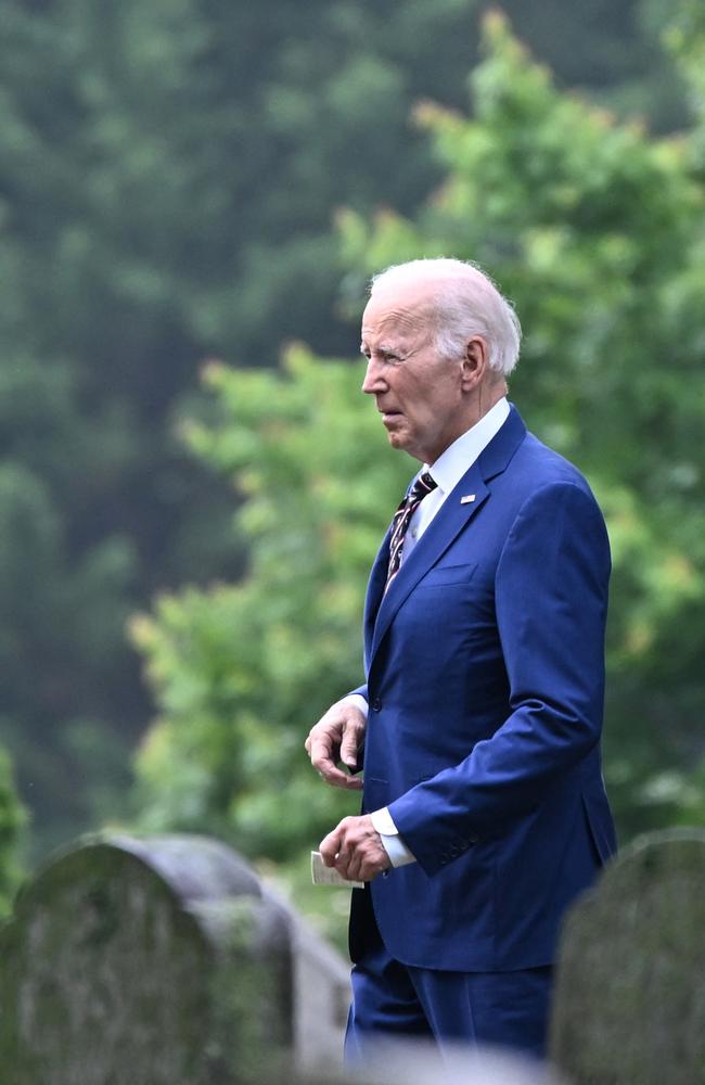 Former President Joe Biden arrives Saint Joseph on the Brandywine Catholic Church for a memorial mass on the 10th anniversary of the death of the President's son Beau Biden in Wilmington, Delaware. Picture: AFP