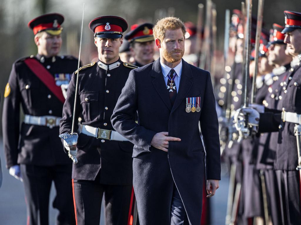 The Duke of Sussex inspects the graduating officer cadets at Sandhurst in 2017. Picture: AFP