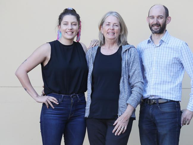 Australian Catholic University biomechanist Dr Mark Creaby (right) with honours student Kate McMaster (left), who are conducting a pilot study aimed at improving walking in Parkinson’s disease patients. Lynne Armes (middle) is a participant in the study. Picture: Annette Dew