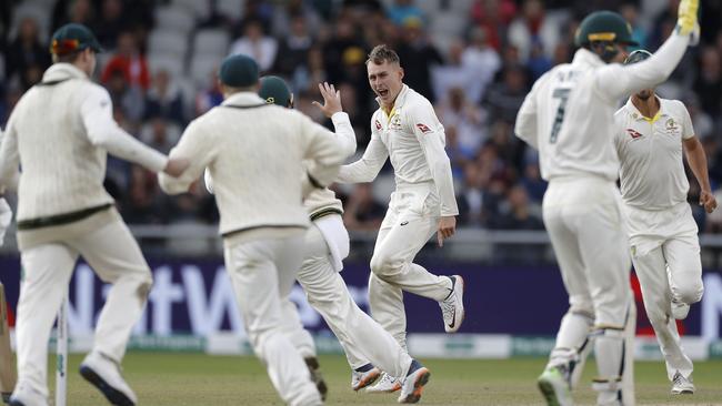 MANCHESTER, ENGLAND - SEPTEMBER 08: Marnus Labuschagne of Australia celebrates after taking the wicket of Jack Leach of England  during day five of the 4th Specsavers Test between England and Australia at Old Trafford on September 08, 2019 in Manchester, England. (Photo by Ryan Pierse/Getty Images)