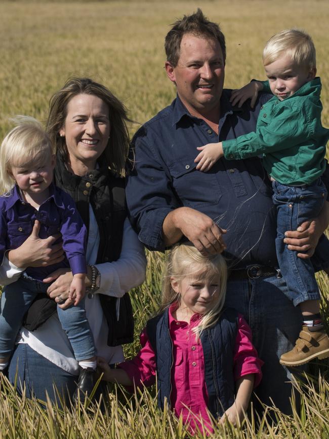 Rice grower Rob Massina with his wife Ainsley and children Anna (in pink), Harvey (green) and Camilla (purple). Picture: Supplied