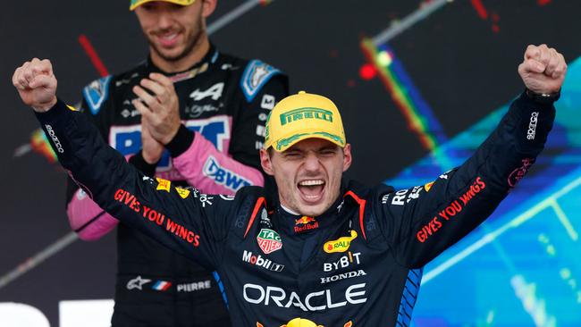 Red Bull Racing's Max Verstappen celebrates after winning the Sao Paulo F1 Grand Prix in Brazil. Picture: AFP