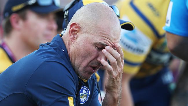 An unhappy Eels coach Brad Arthur watches from the bench.