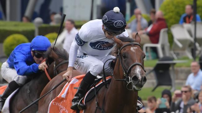 Jockey Jason Collett rides Time To Reign to victory in race 2, the Chandon S Silver Slipper Stakes during Silver Slipper Stakes Day at Rosehill Gardens Racecourse in Sydney, Saturday, February 23, 2019. (AAP Image/Simon Bullard) NO ARCHIVING, EDITORIAL USE ONLY