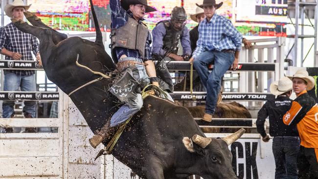 Rowan Markham couldn’t quite last the eight seconds on Big Bang Theory during PBR competition a the Toowoomba Showgrounds.
