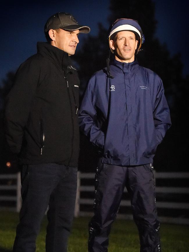 Trainer Chris Waller and Jockey Hugh Bowman discussing the mighty mare. Picture: Nicole Garmston