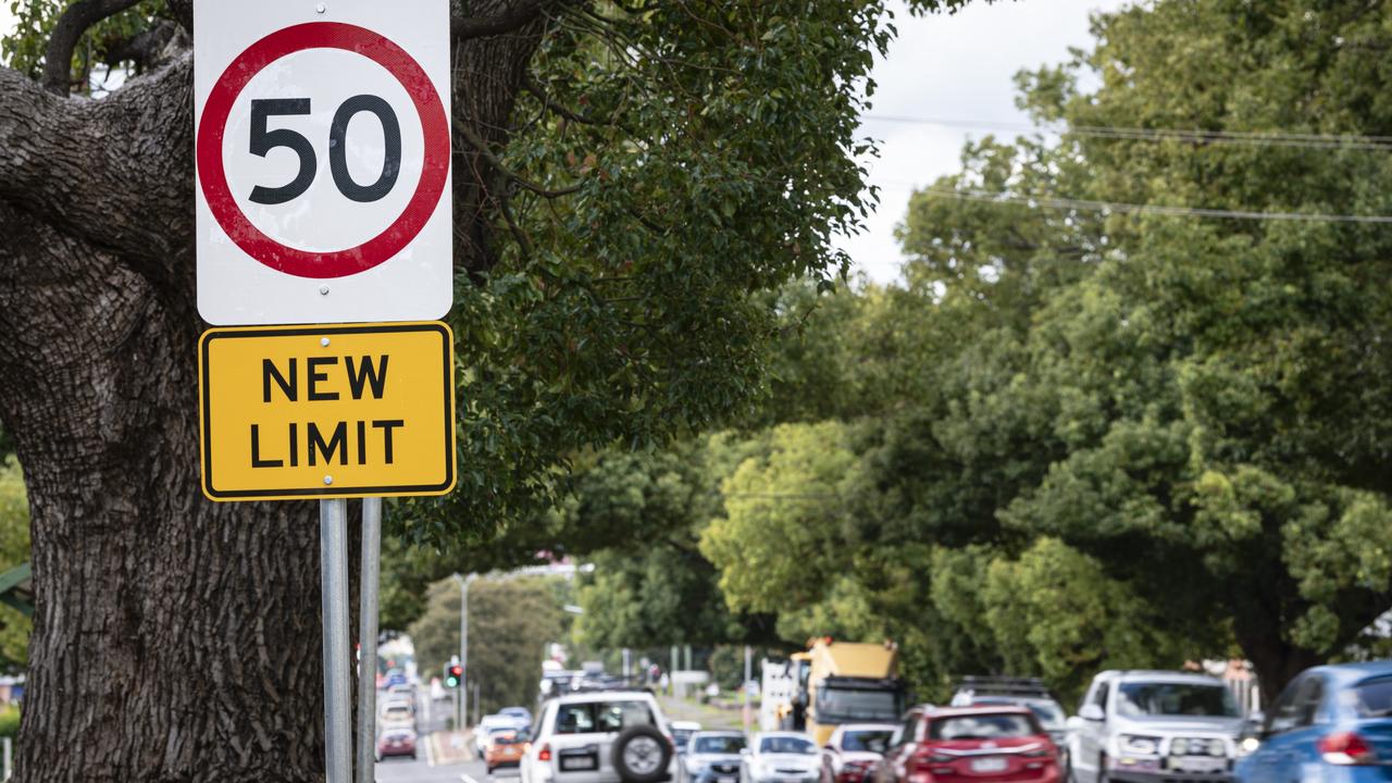 The speed limit has been reduced to 50 km/h on Ruthven St between Long and Alderley Sts, Wednesday, April 24, 2024. Picture: Kevin Farmer