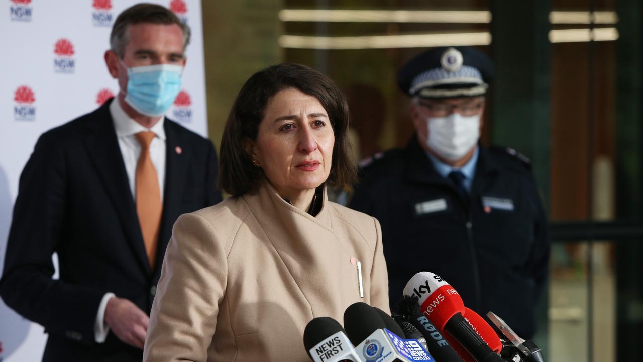 Premier Gladys Berejiklian during Wednesday’s press conference where she announced a two-week extension to Greater Sydney’s lockdown. Picture: Lisa Maree Williams/Getty Images