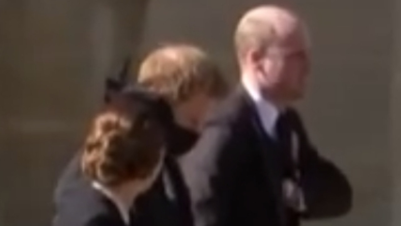 Prince Harry and Prince William walking together after the funeral service for Prince Philip. Picture: 7NEWS