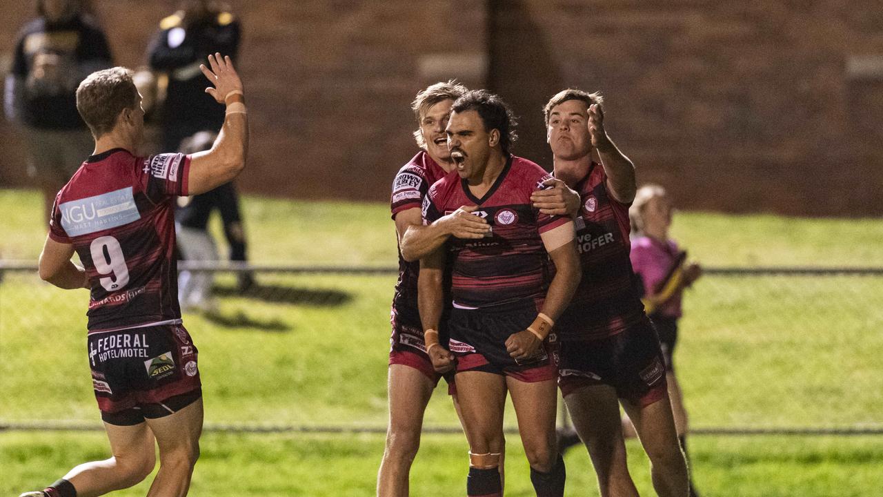 Valleys celebrate the first try in the game by Denzel Burns (centre) against Gatton in TRL Hutchinson Builders A-grade grand final rugby league at Toowoomba Sports Ground, Saturday, September 14, 2024. Picture: Kevin Farmer