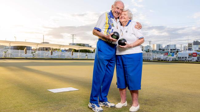 Laurie Cooper, 94, and wife Bette, 90, keep fit and healthy playing bowls at Club Tweed on the NSW-Queensland border. Picture: Luke Marsden