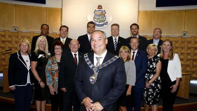 The 2016-2020 Gold Coast City Council being sworn in at the Evandale Council Chambers. (back l-r) Bob La Castra, Gary Baildon AO, Hermann Vorster, William-Owen Jones, Glenn Tozer, Peter Young, (front l-r) Dawn Crichlow, Pauline Young, Daphne McDonald, Paul Taylor, Mayor Tom Tate, Donna Gates, Cameron Caldwell, Councillor Gail O'Neill and Kristyn Boulton. Photo: Jerad Williams