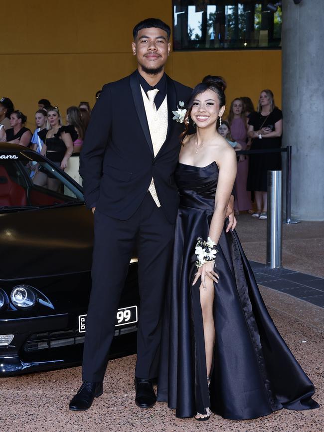 Antonio Warrior and Stefanie Wolstencroft arrive at the Trinity Bay High School formal evening, held at the Cairns Convention Centre. Picture: Brendan Radke