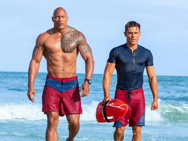 Dwayne Johnson and Zac Efron in a scene from Baywatch.