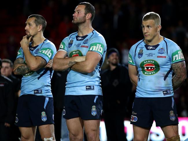 Mitchell Pearce, Boyd Cordner and Trent Hodkinson after the series loss to Queensland in 2015. Picture: Gregg Porteous