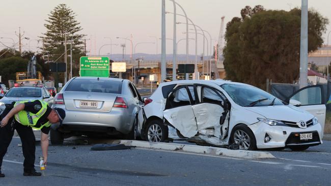 Police and emergency services at the scene of a serious crash on corner of Semaphore Road and Fletcher Road at Birkenhead. Picture Dean Martin