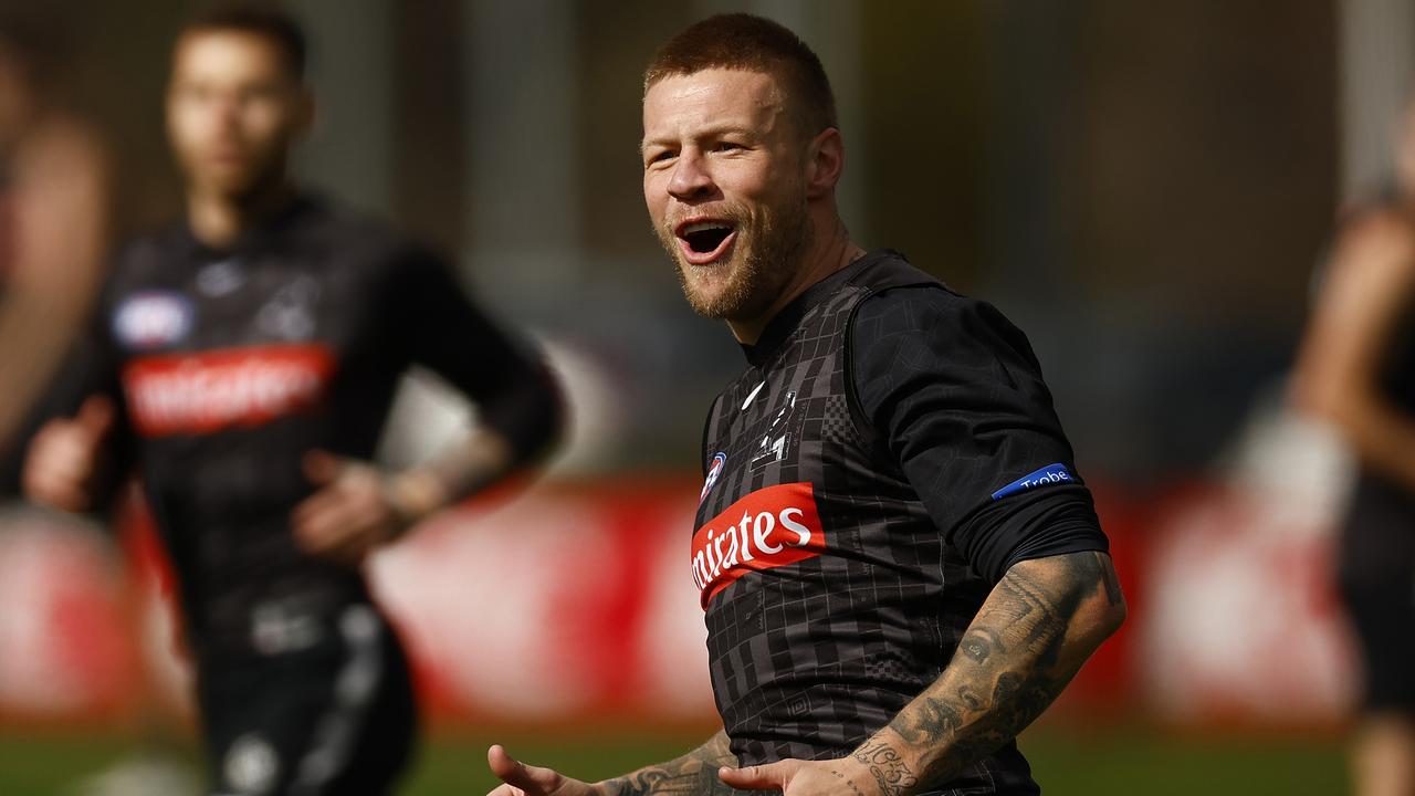 Jordan De Goey warms up for the preliminary final. Picture: Daniel Pockett/Getty Images