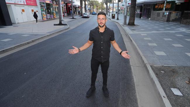 Costa D'oro manager Gene Fusco in an empty Orchid Ave, hoping the borders will open soon. Picture Glenn Hampson