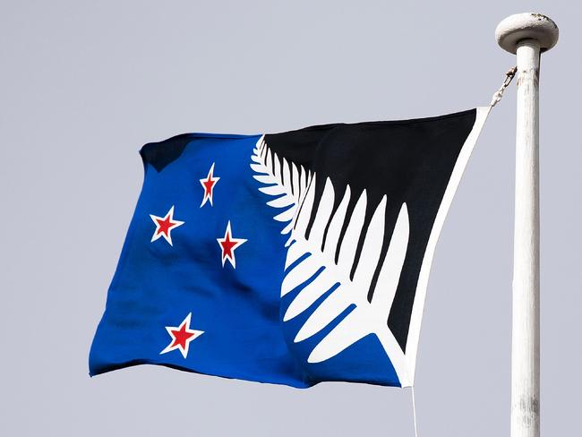 The alternative designed New Zealand flag flies on a building in the central business district in Wellington. Picture: AFP / Marty Melville