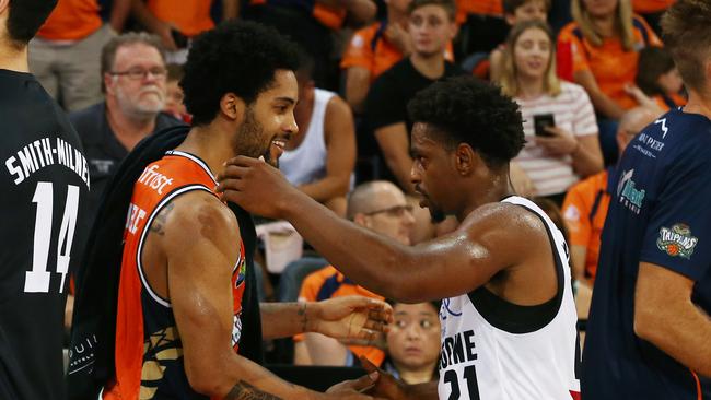 Taipans' Melo Trimble and United's Casper Ware show each other respect after full time in the National Basketball League (NBL) match between the Cairns Taipans and Melbourne United, held at the Cairns Convention Centre. PICTURE: BRENDAN RADKE