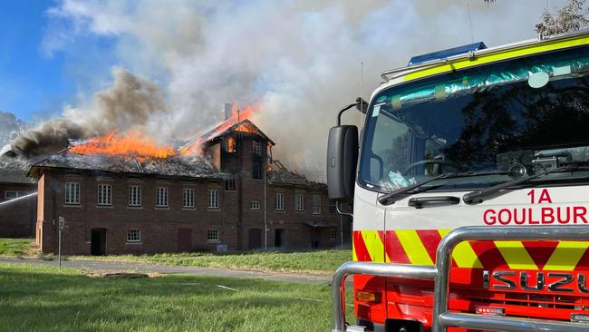 The former Kenmore 'Asylum' in flames on Saturday October 16. Picture: NSW RFS – Goulburn Brigade/Facebook