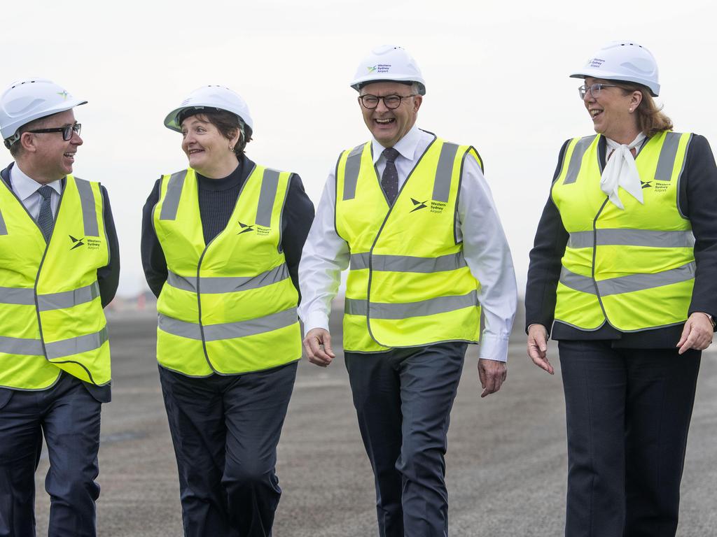 Prime Minister Albanese at Western Sydney International Airport to mark its 50 per cent completion and announce the Qantas and Jetstar commitment to the airport. Picture: NCA NewsWire / Simon Bullard