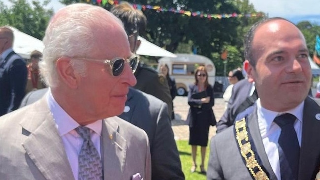 King Charles with Parramatta Lord Mayor Martin Zaiter at Parramatta Park for the invitation-only community barbecue.