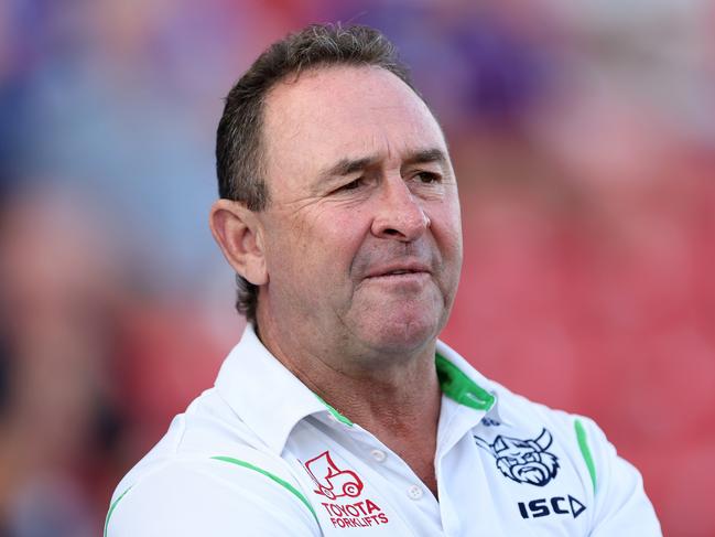 NEWCASTLE, AUSTRALIA - MARCH 07:  Ricky Stuart, coach of the Raiders looks on before the round one NRL match between Newcastle Knights and Canberra Raiders at McDonald Jones Stadium on March 07, 2024, in Newcastle, Australia. (Photo by Brendon Thorne/Getty Images)