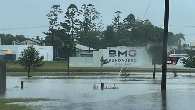 Saltwater Creek in the Bundaberg CBD has overflown onto Targo Street.