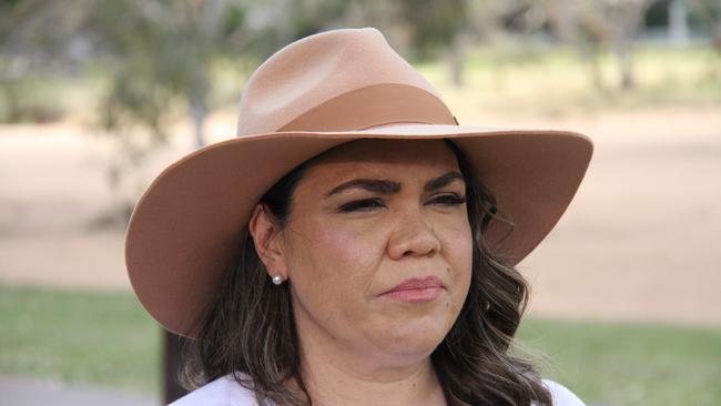 CLP NT senator Jacinta Nampijinpa Price speaking with Nationals leader David Littleproud at Alice Springs, Northern Territory, Monday, October 14, 2024. Picture: Gera Kazakov