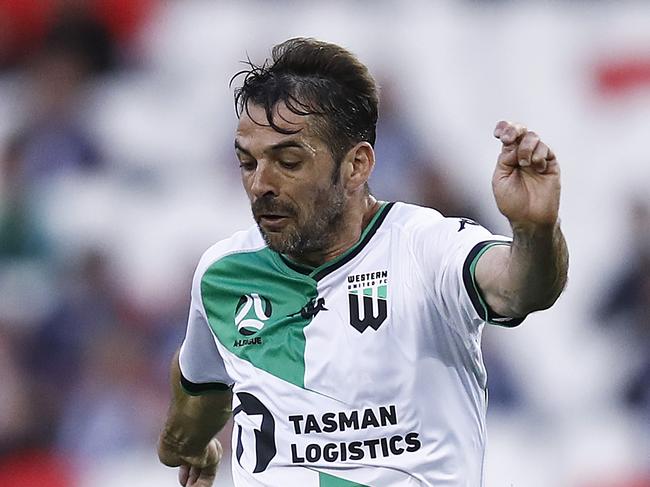 MELBOURNE, AUSTRALIA - FEBRUARY 27: Victor Sanchez of Western United kicks a goal during the A-League match between the Melbourne Victory and Western United at Marvel Stadium, on February 27, 2021, in Melbourne, Australia. (Photo by Daniel Pockett/Getty Images)