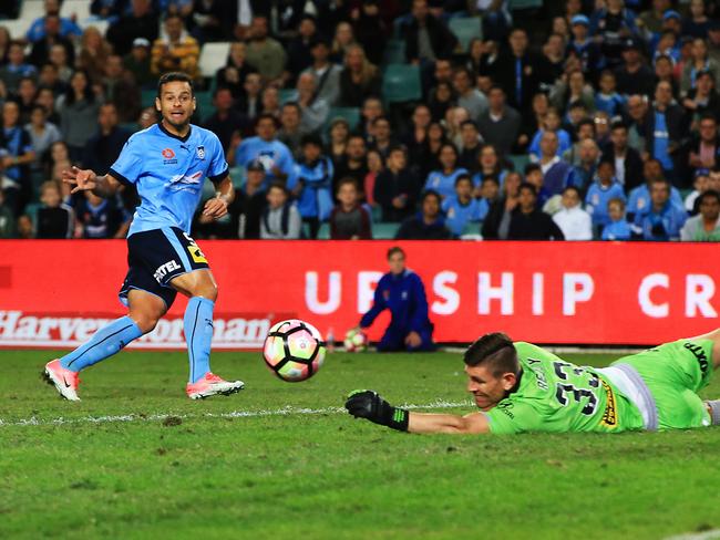 Bobo's shot is saved by Liam Reddy during Sydney’s win over Perth in the A-League semi-final at Allianz Stadium. Picture: Mark Evans