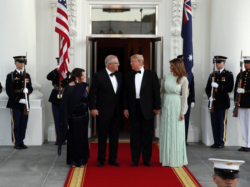 President Donald Trump and first lady Melania Trump greet Australian Prime Minister Scott Morrison and his wife Jenny Morrison as they arrive for a State Dinner at the White House. Picture: Alex Brandon