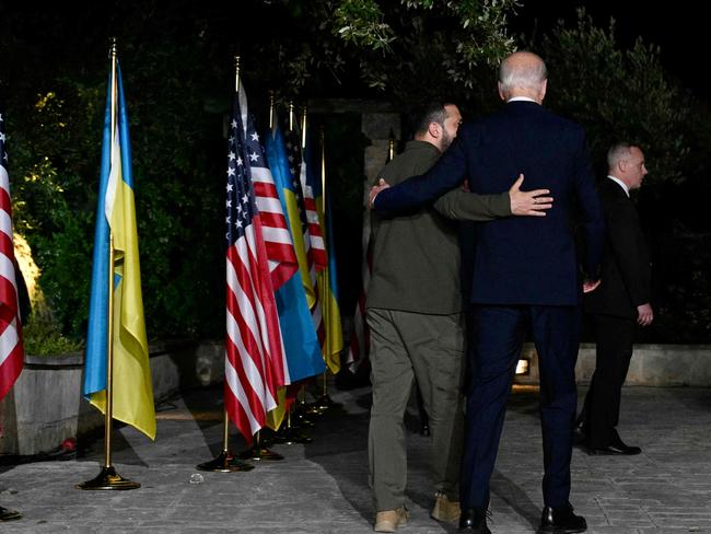 Ukrainian President Volodymyr Zelenskyy and US President Joe Biden leave after signing a security agreement during a press conference at the Masseria San Domenico on the sidelines of the G7 Summit. Picture: AFP