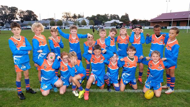 Armstrong Creek Reef Sharks under-9 football team pull their funniest faces. Picture: Mark Wilson