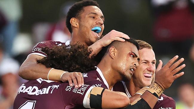 Jason Saab (top) and Haumole Olakau'atu (centre) will return for the Sea Eagles after missing last week’s game against the Roosters. Picture: Mark Kolbe/Getty Images