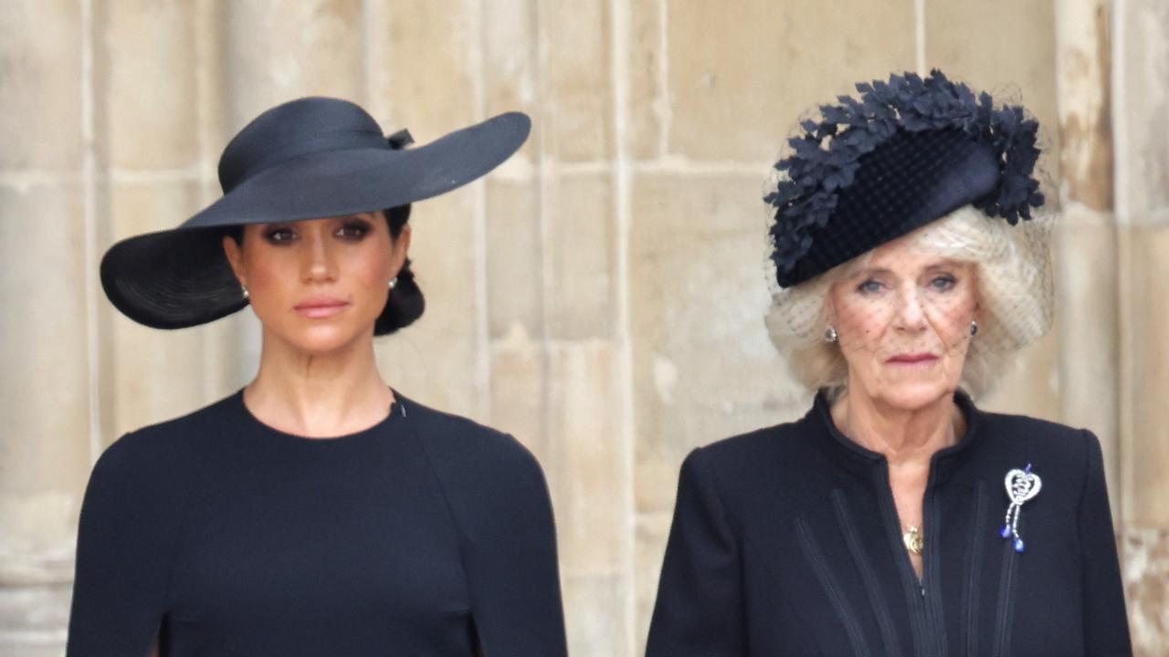 Meghan, Duchess of Sussex, and Camilla, Queen Consort, are seen during The State Funeral Of Queen Elizabeth II at Westminster Abbey (Photo by Chris Jackson/Getty Images)