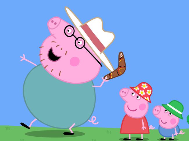 Daddy Pig, with piglets Peppa and George. Picture: Supplied.