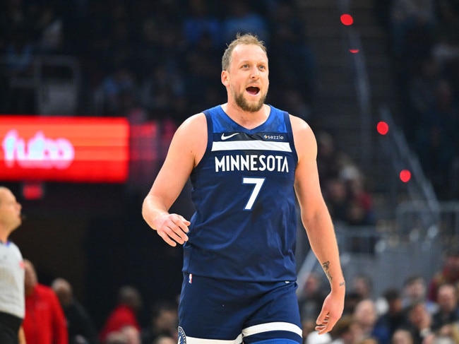 CLEVELAND, OHIO - FEBRUARY 10: Joe Ingles #7 of the Minnesota Timberwolves reacts during the second quarter against the Cleveland Cavaliers at Rocket Mortgage Fieldhouse on February 10, 2025 in Cleveland, Ohio. NOTE TO USER: User expressly acknowledges and agrees that, by downloading and or using this photograph, User is consenting to the terms and conditions of the Getty Images License Agreement. (Photo by Jason Miller/Getty Images)